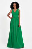 Modest Long Chiffon Bridesmaid Dress Sleeveless Pleated Ruched Formal Evening Dresses Gowns