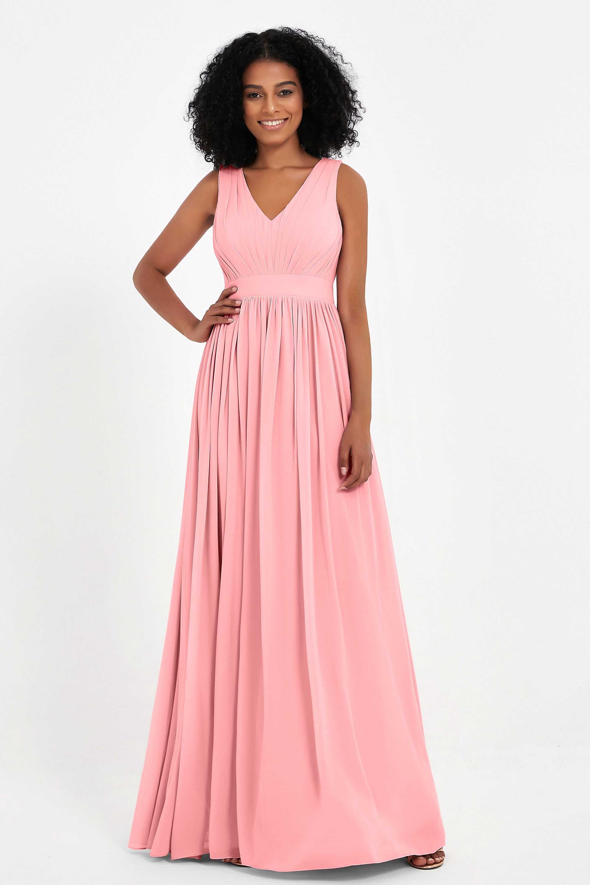 Modest Long Chiffon Bridesmaid Dress Sleeveless Pleated Ruched Formal Evening Dresses Gowns