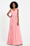 Modest Long Chiffon Bridesmaid Dress Sleeveless Pleated Ruched Formal Evening Dresses Gowns
