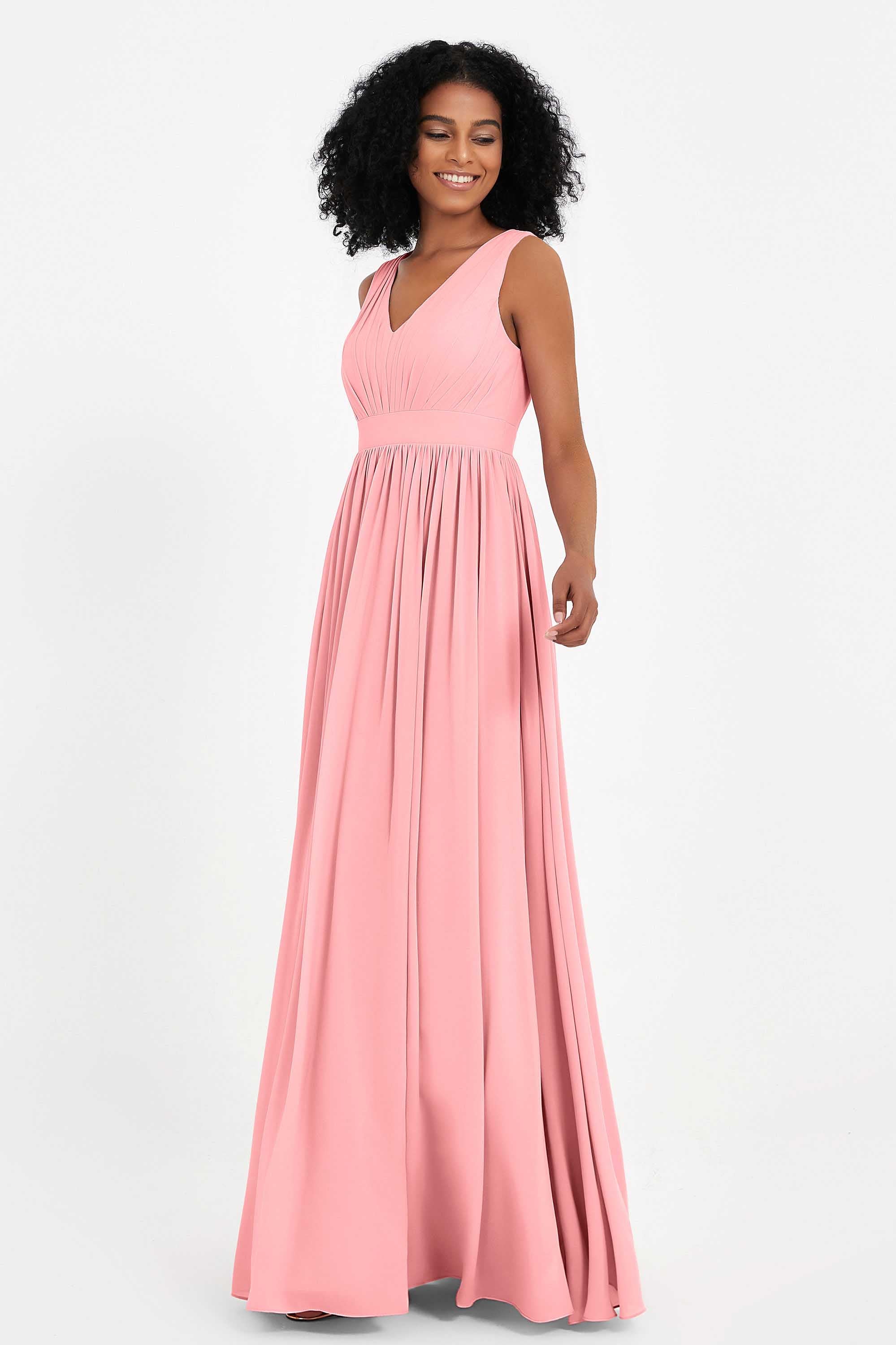 Modest Long Chiffon Bridesmaid Dress Sleeveless Pleated Ruched Formal Evening Dresses Gowns
