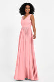 Modest Long Chiffon Bridesmaid Dress Sleeveless Pleated Ruched Formal Evening Dresses Gowns