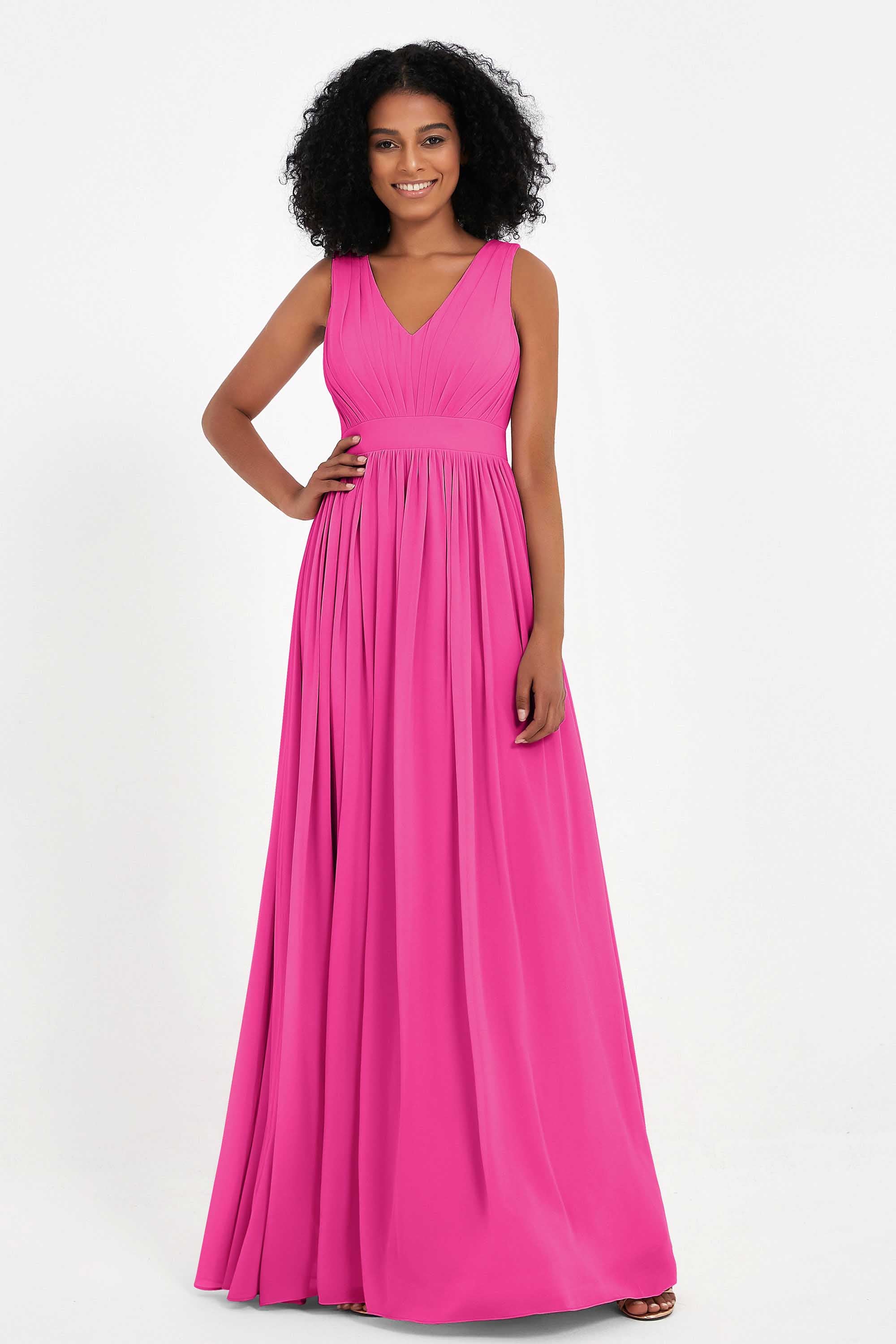 Modest Long Chiffon Bridesmaid Dress Sleeveless Pleated Ruched Formal Evening Dresses Gowns