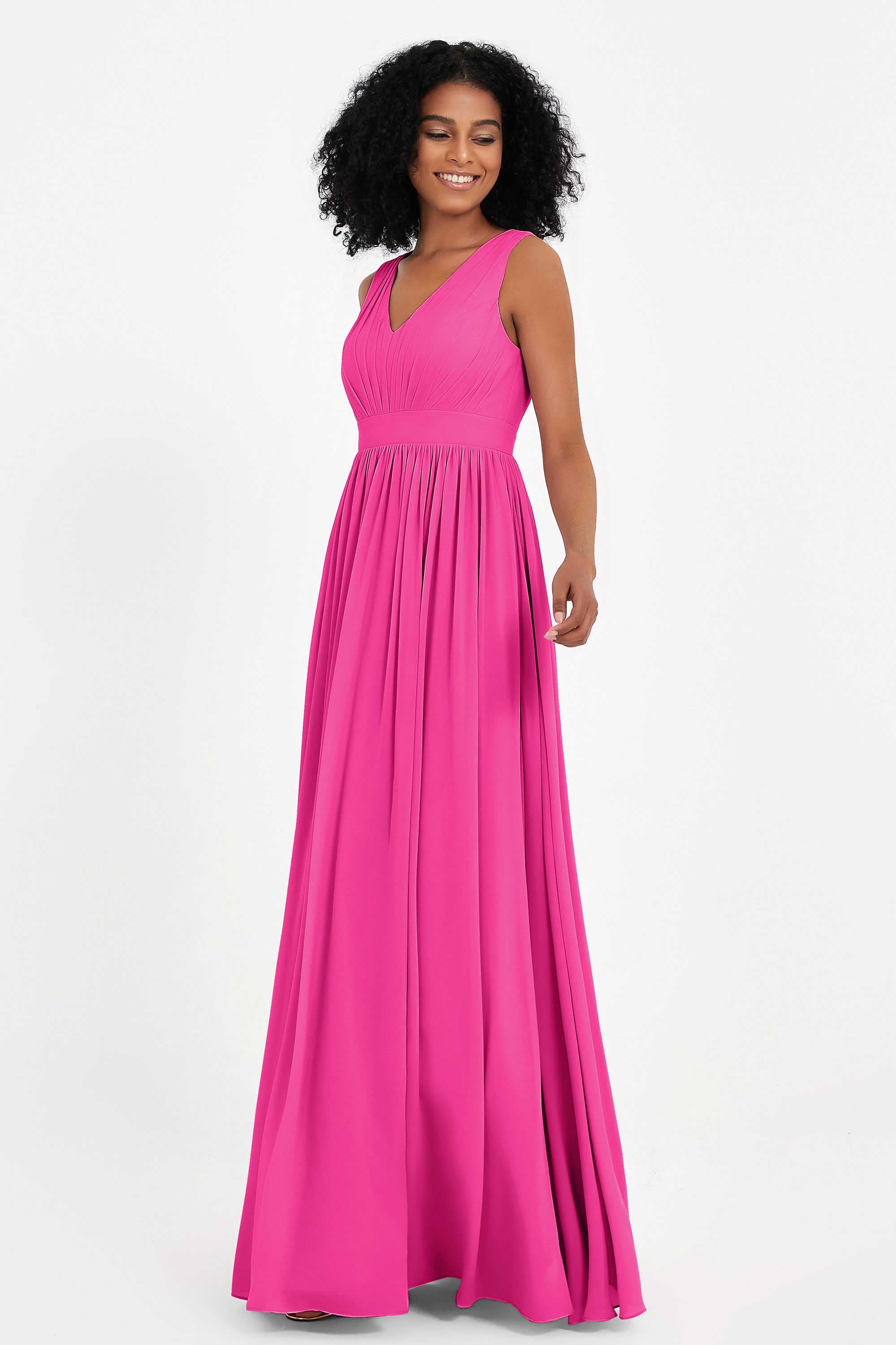 Modest Long Chiffon Bridesmaid Dress Sleeveless Pleated Ruched Formal Evening Dresses Gowns