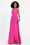 Modest Long Chiffon Bridesmaid Dress Sleeveless Pleated Ruched Formal Evening Dresses Gowns