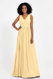 Modest Long Chiffon Bridesmaid Dress Sleeveless Pleated Ruched Formal Evening Dresses Gowns