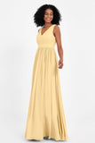 Modest Long Chiffon Bridesmaid Dress Sleeveless Pleated Ruched Formal Evening Dresses Gowns