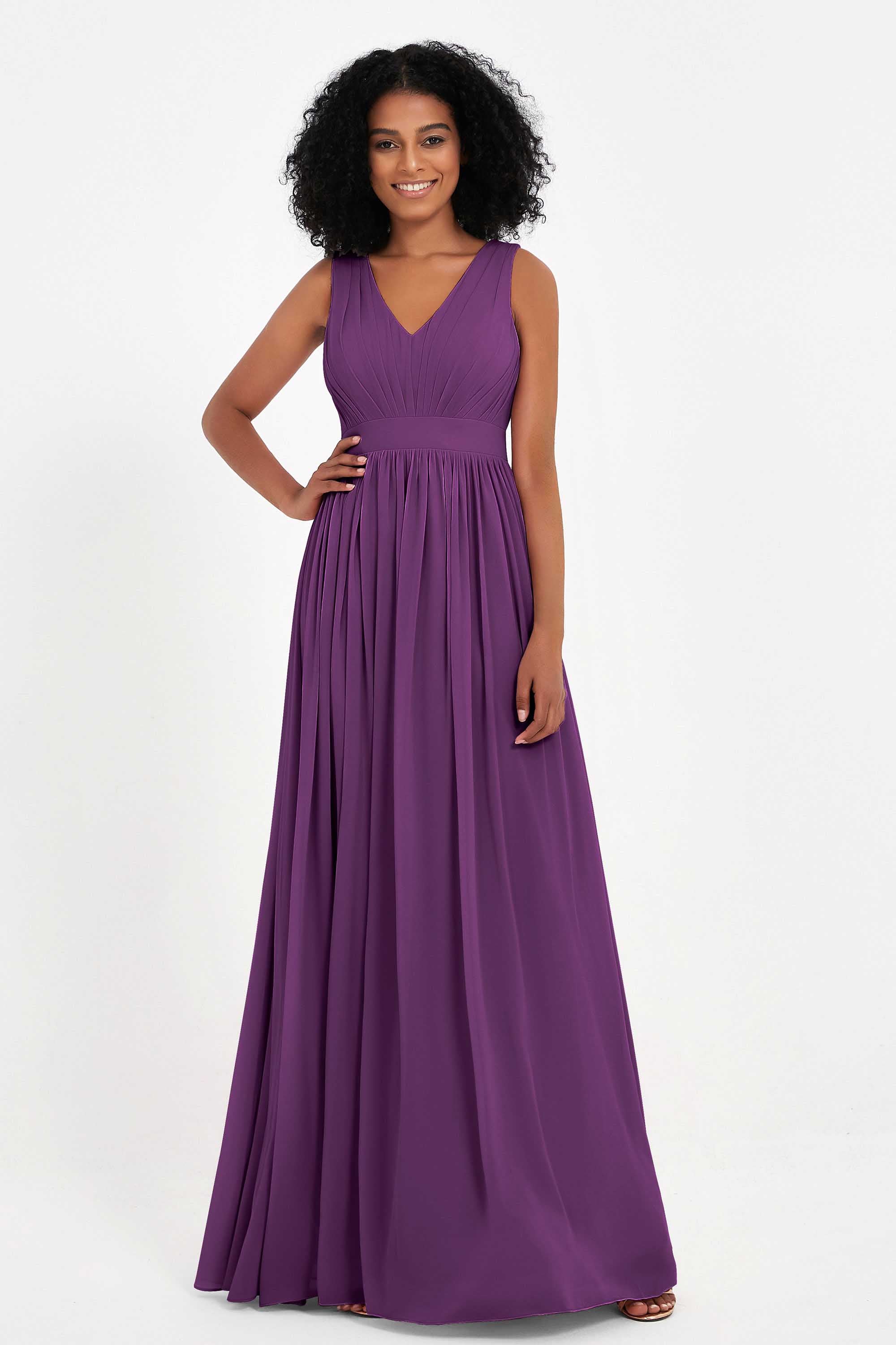 Modest Long Chiffon Bridesmaid Dress Sleeveless Pleated Ruched Formal Evening Dresses Gowns