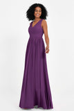 Modest Long Chiffon Bridesmaid Dress Sleeveless Pleated Ruched Formal Evening Dresses Gowns