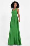 Modest Long Chiffon Bridesmaid Dress Sleeveless Pleated Ruched Formal Evening Dresses Gowns