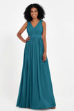 Modest Long Chiffon Bridesmaid Dress Sleeveless Pleated Ruched Formal Evening Dresses Gowns