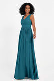 Modest Long Chiffon Bridesmaid Dress Sleeveless Pleated Ruched Formal Evening Dresses Gowns