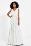 Modest Long Chiffon Bridesmaid Dress Sleeveless Pleated Ruched Formal Evening Dresses Gowns
