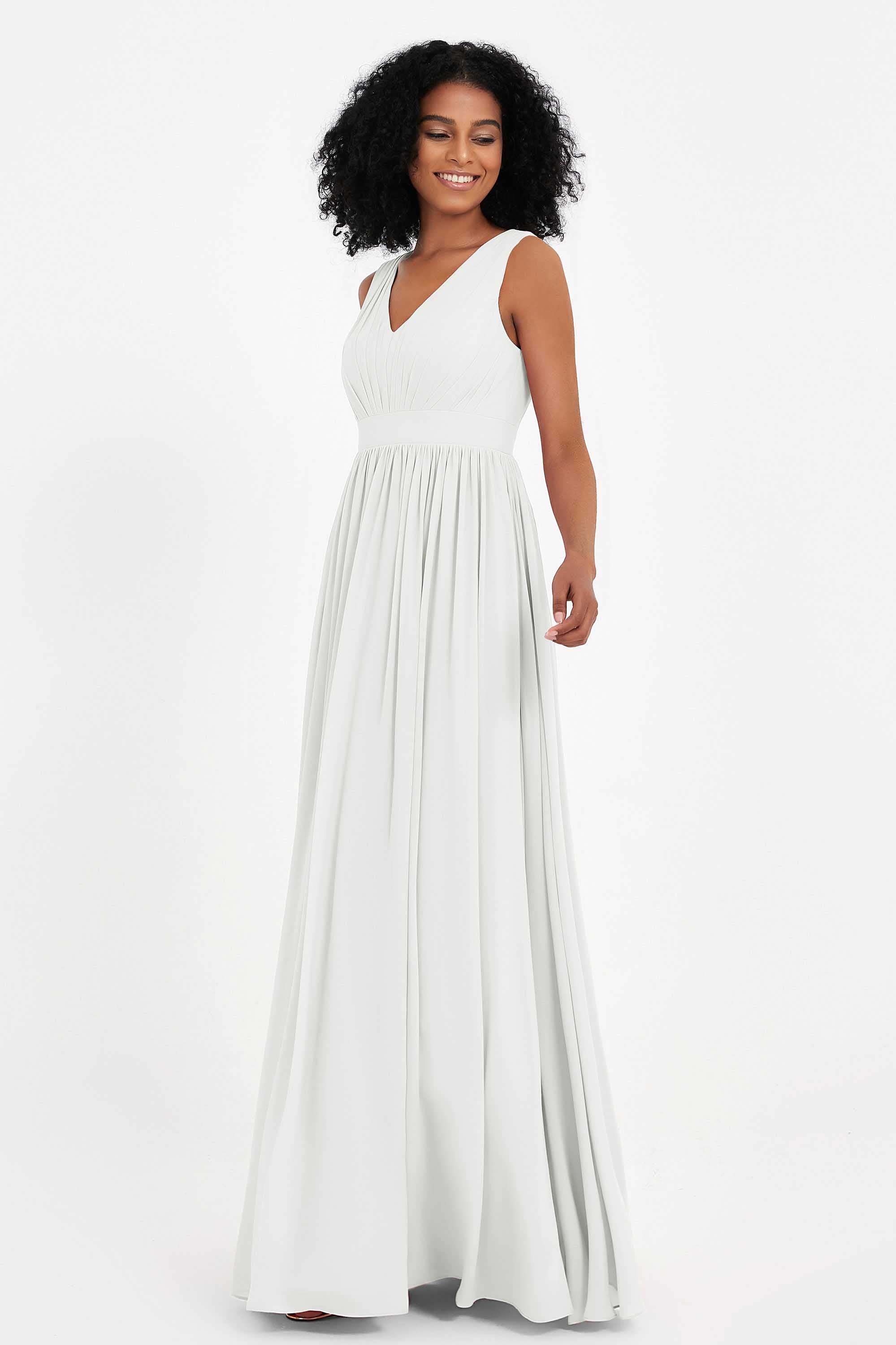 Modest Long Chiffon Bridesmaid Dress Sleeveless Pleated Ruched Formal Evening Dresses Gowns