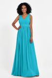 Modest Long Chiffon Bridesmaid Dress Sleeveless Pleated Ruched Formal Evening Dresses Gowns