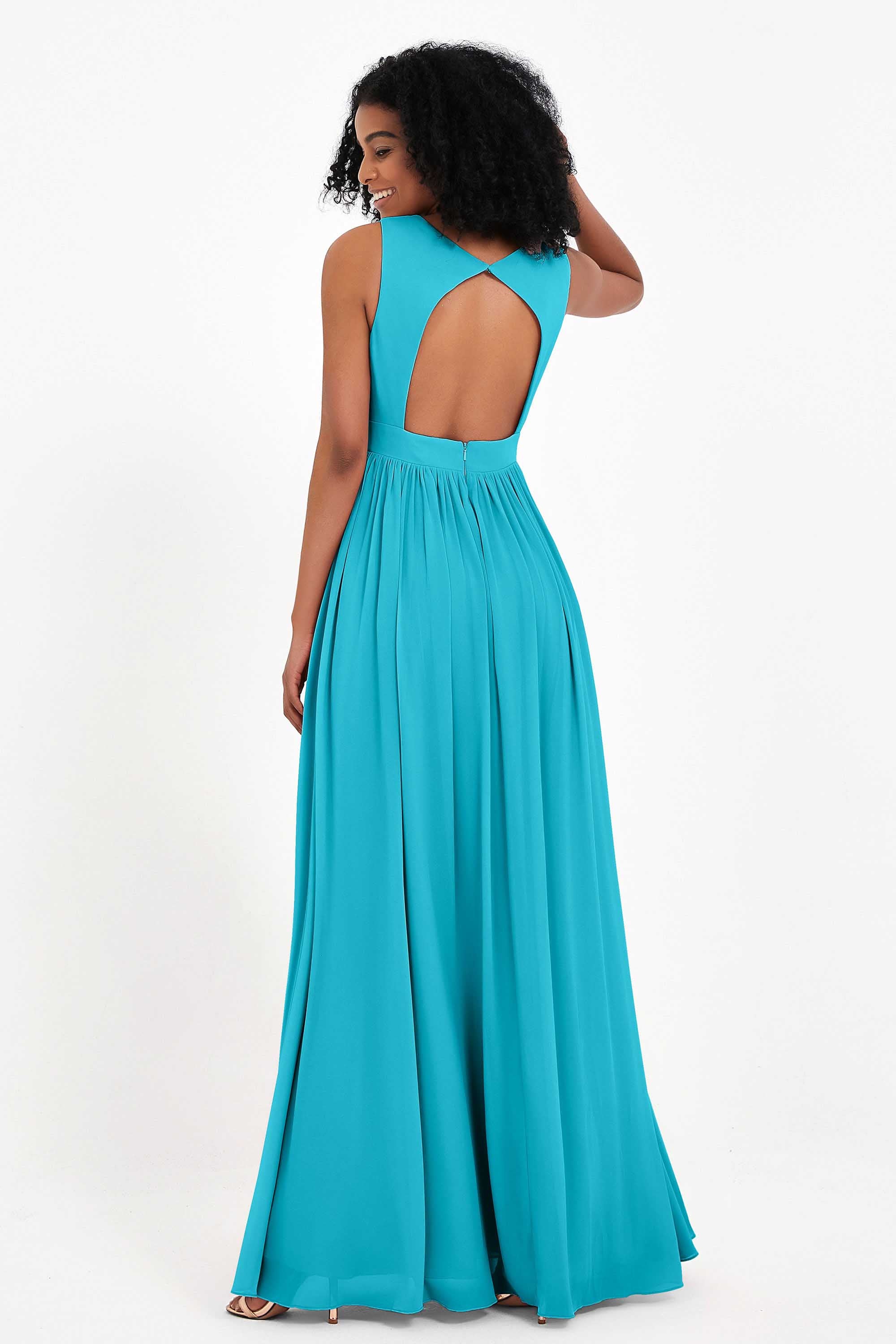 Modest Long Chiffon Bridesmaid Dress Sleeveless Pleated Ruched Formal Evening Dresses Gowns