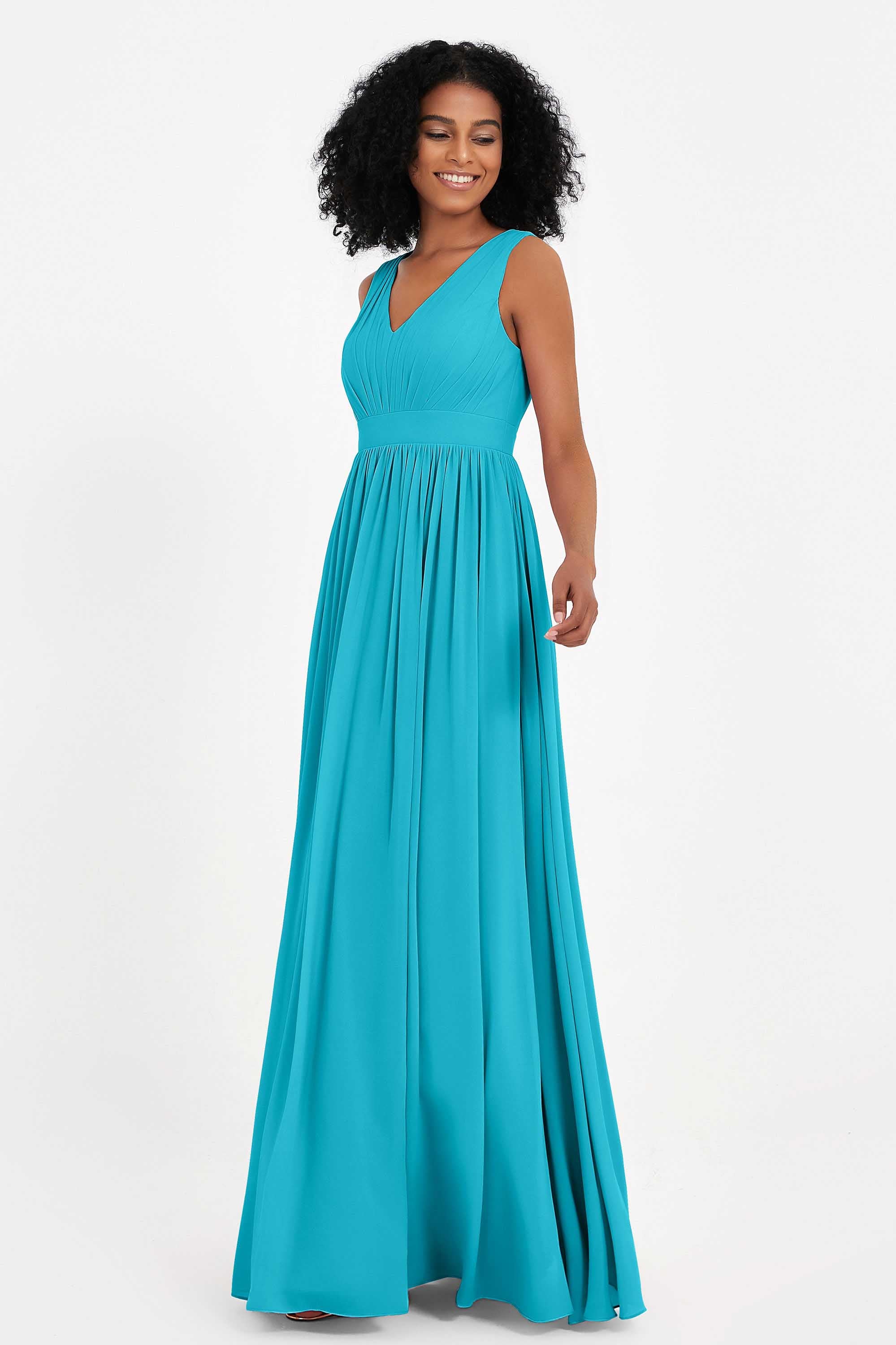Modest Long Chiffon Bridesmaid Dress Sleeveless Pleated Ruched Formal Evening Dresses Gowns