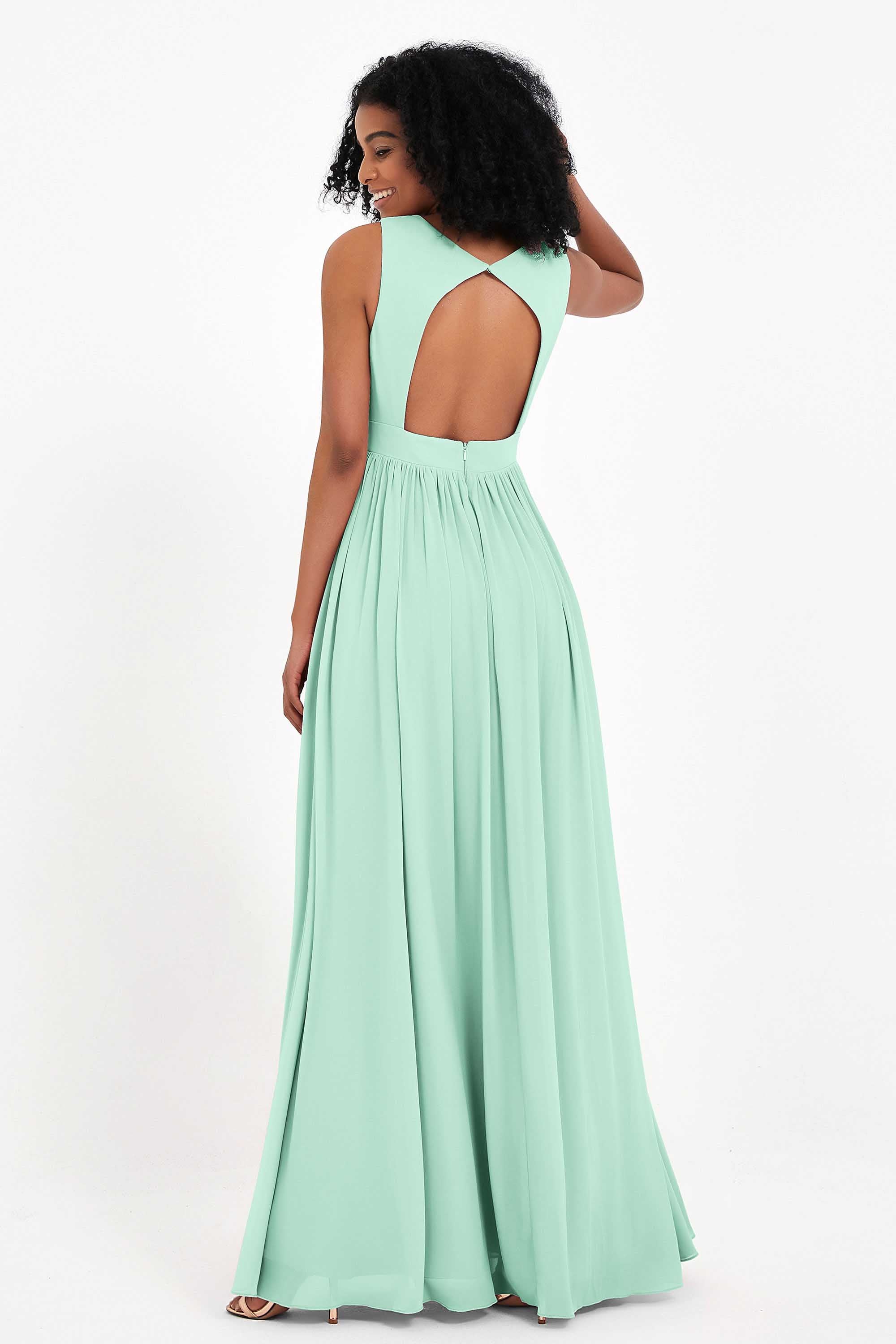 Modest Long Chiffon Bridesmaid Dress Sleeveless Pleated Ruched Formal Evening Dresses Gowns