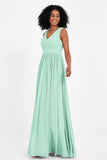 Modest Long Chiffon Bridesmaid Dress Sleeveless Pleated Ruched Formal Evening Dresses Gowns