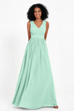 Modest Long Chiffon Bridesmaid Dress Sleeveless Pleated Ruched Formal Evening Dresses Gowns