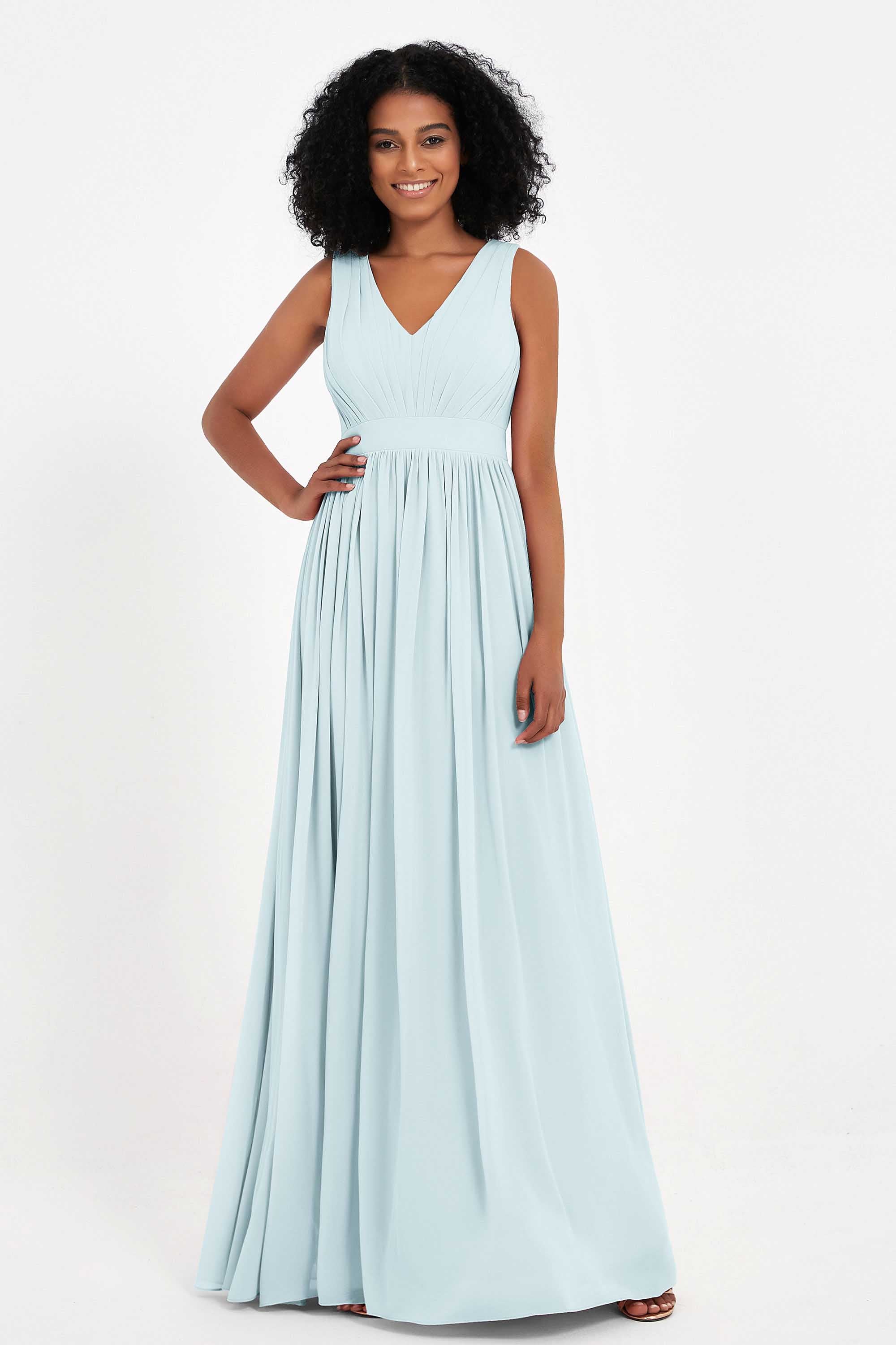 Modest Long Chiffon Bridesmaid Dress Sleeveless Pleated Ruched Formal Evening Dresses Gowns