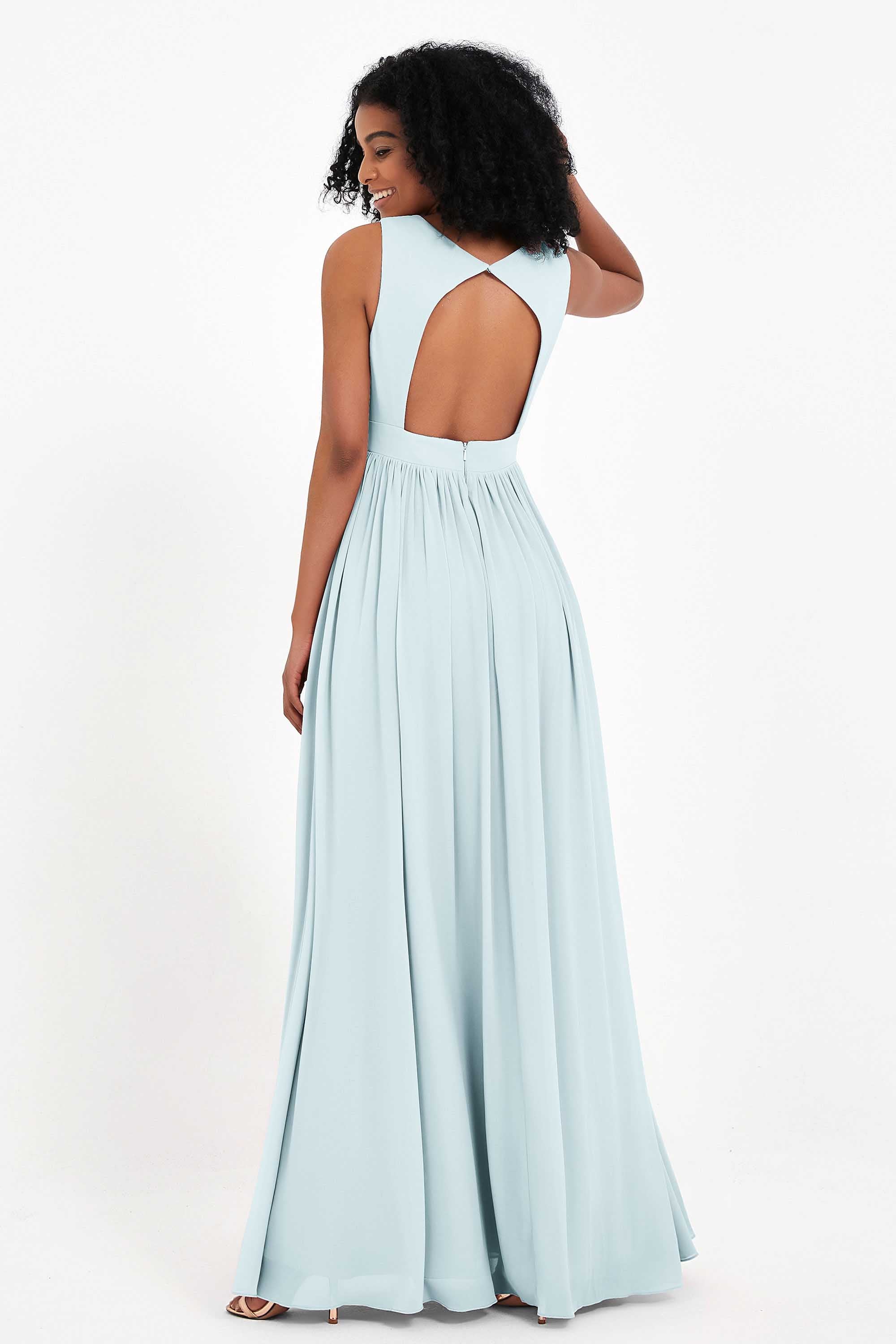 Modest Long Chiffon Bridesmaid Dress Sleeveless Pleated Ruched Formal Evening Dresses Gowns