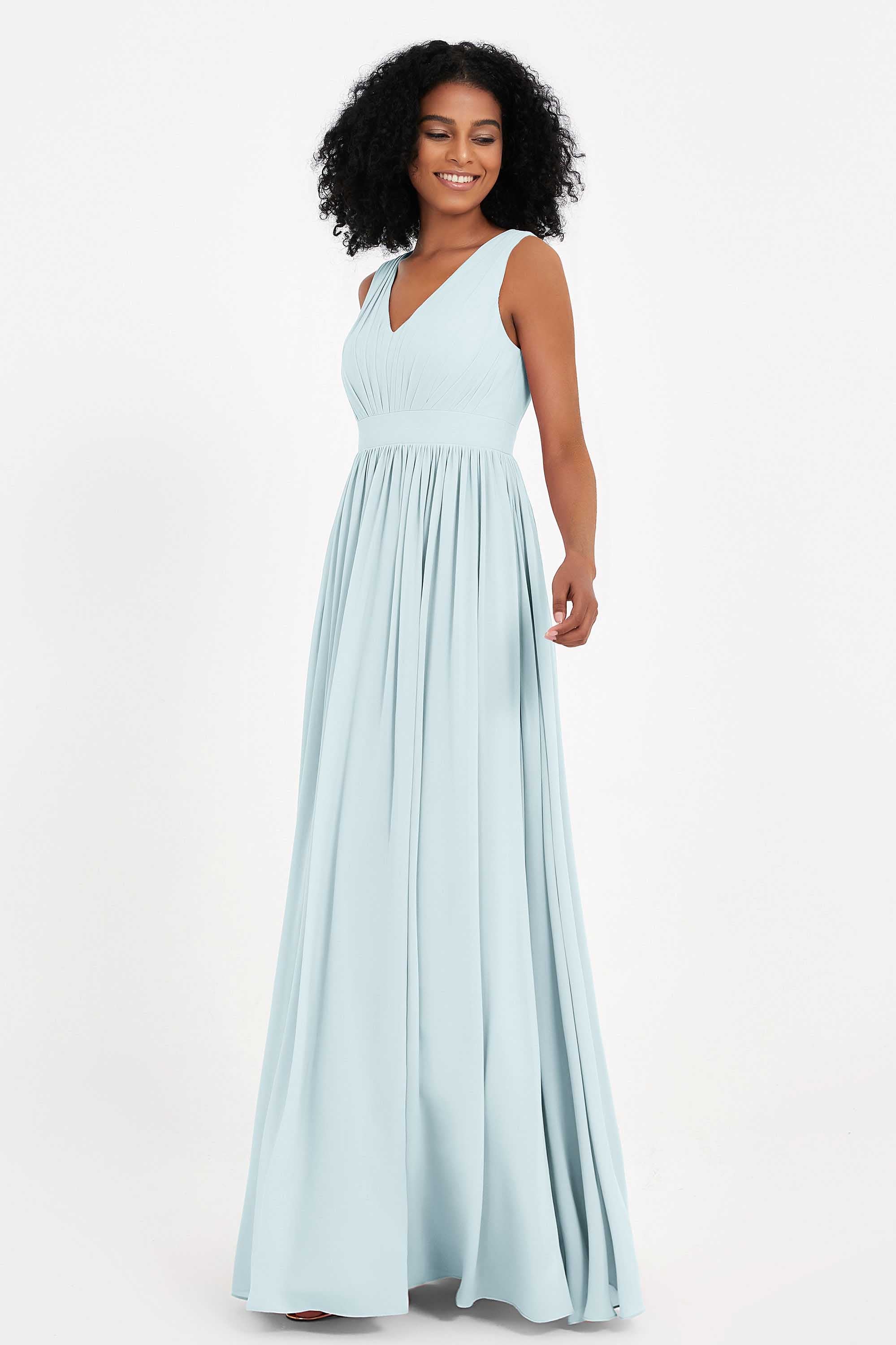 Modest Long Chiffon Bridesmaid Dress Sleeveless Pleated Ruched Formal Evening Dresses Gowns