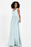 Modest Long Chiffon Bridesmaid Dress Sleeveless Pleated Ruched Formal Evening Dresses Gowns