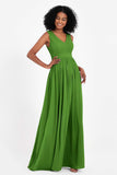 Modest Long Chiffon Bridesmaid Dress Sleeveless Pleated Ruched Formal Evening Dresses Gowns