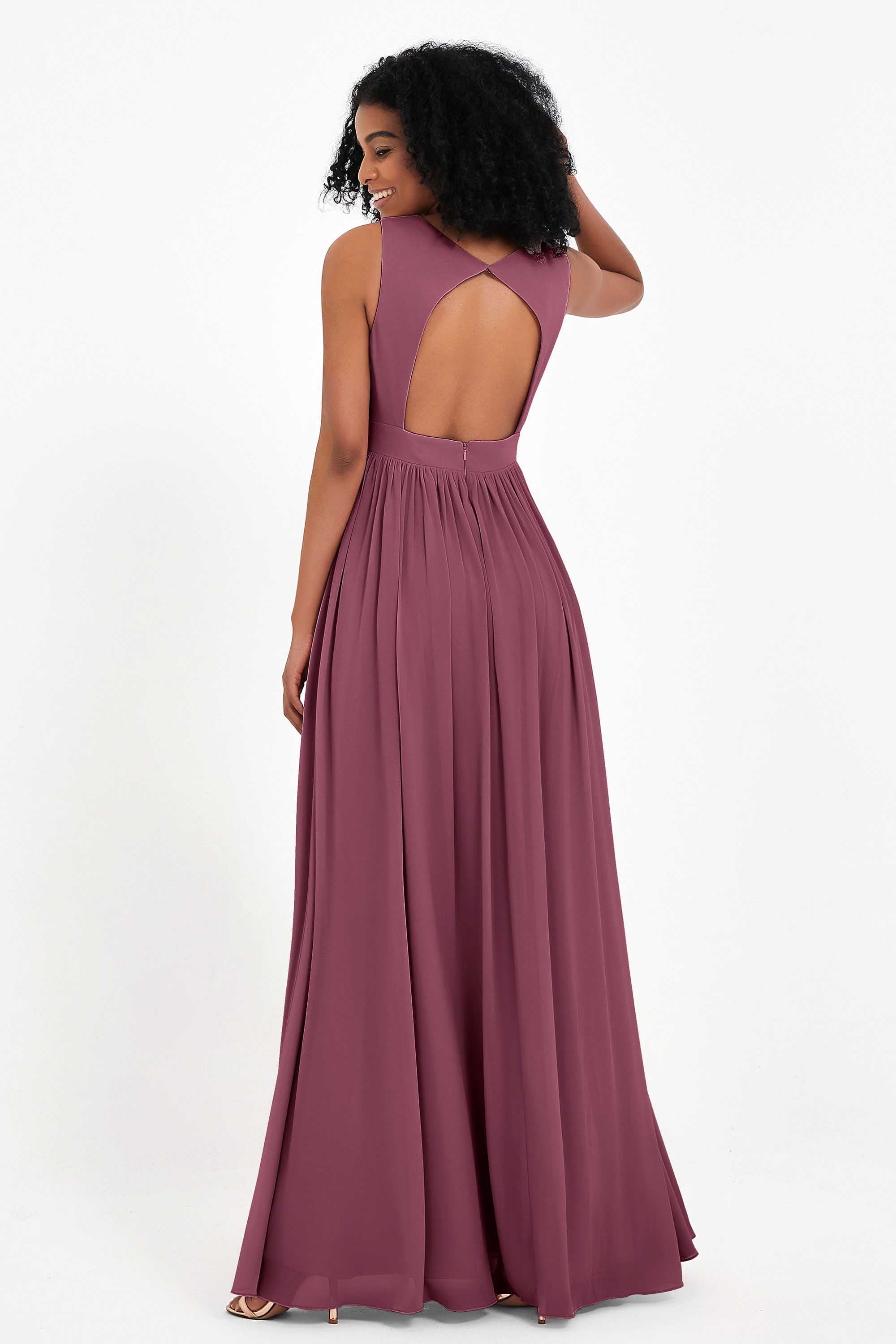 Modest Long Chiffon Bridesmaid Dress Sleeveless Pleated Ruched Formal Evening Dresses Gowns