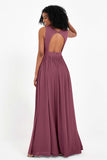 Modest Long Chiffon Bridesmaid Dress Sleeveless Pleated Ruched Formal Evening Dresses Gowns