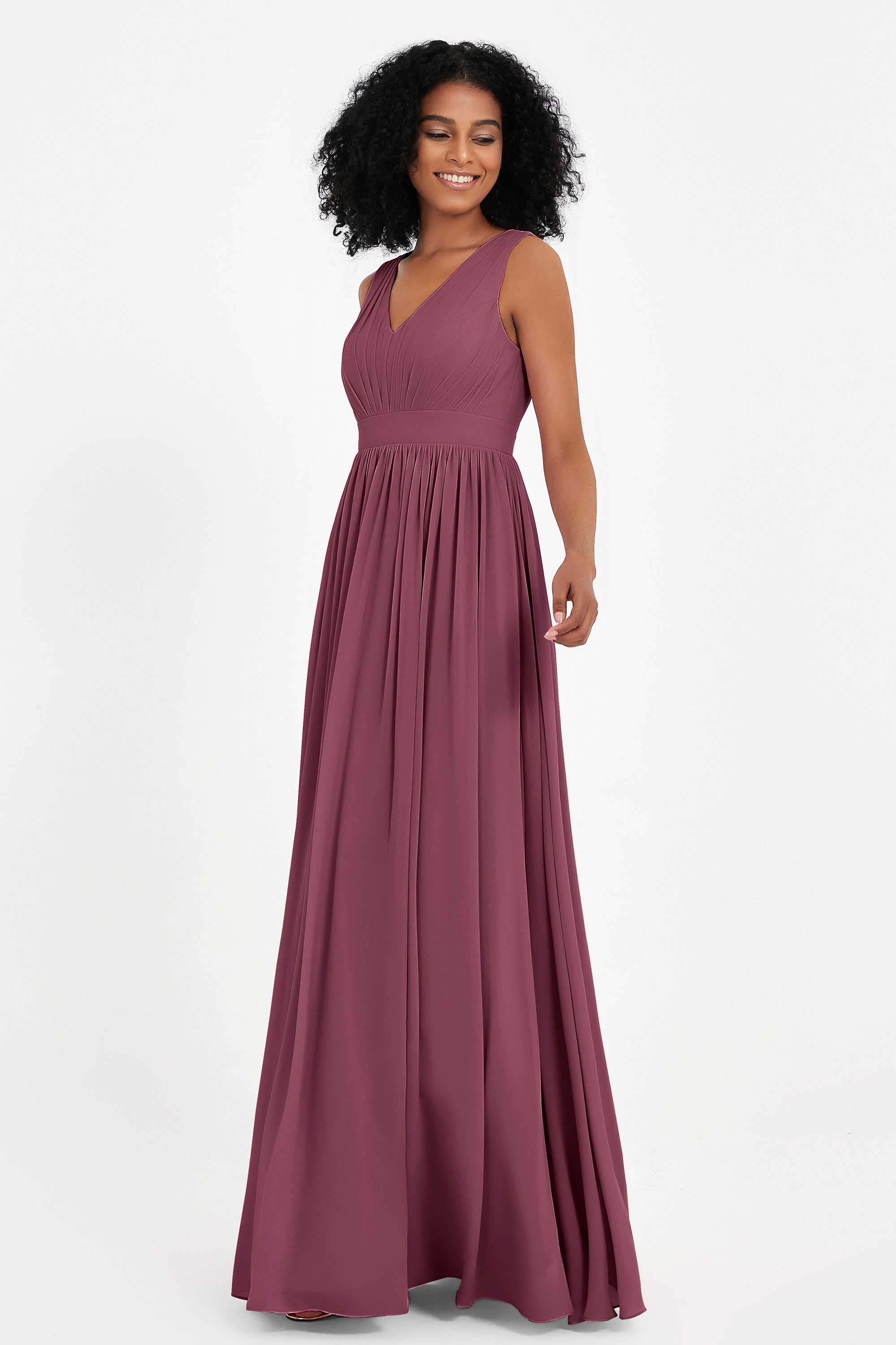 Modest Long Chiffon Bridesmaid Dress Sleeveless Pleated Ruched Formal Evening Dresses Gowns