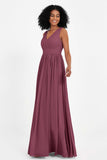 Modest Long Chiffon Bridesmaid Dress Sleeveless Pleated Ruched Formal Evening Dresses Gowns
