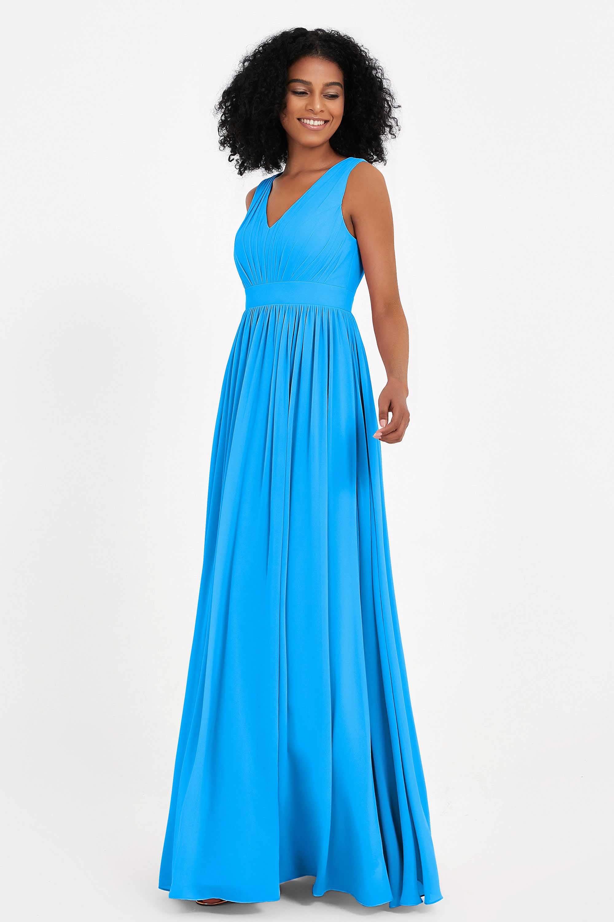 Modest Long Chiffon Bridesmaid Dress Sleeveless Pleated Ruched Formal Evening Dresses Gowns