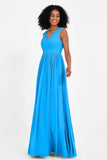 Modest Long Chiffon Bridesmaid Dress Sleeveless Pleated Ruched Formal Evening Dresses Gowns