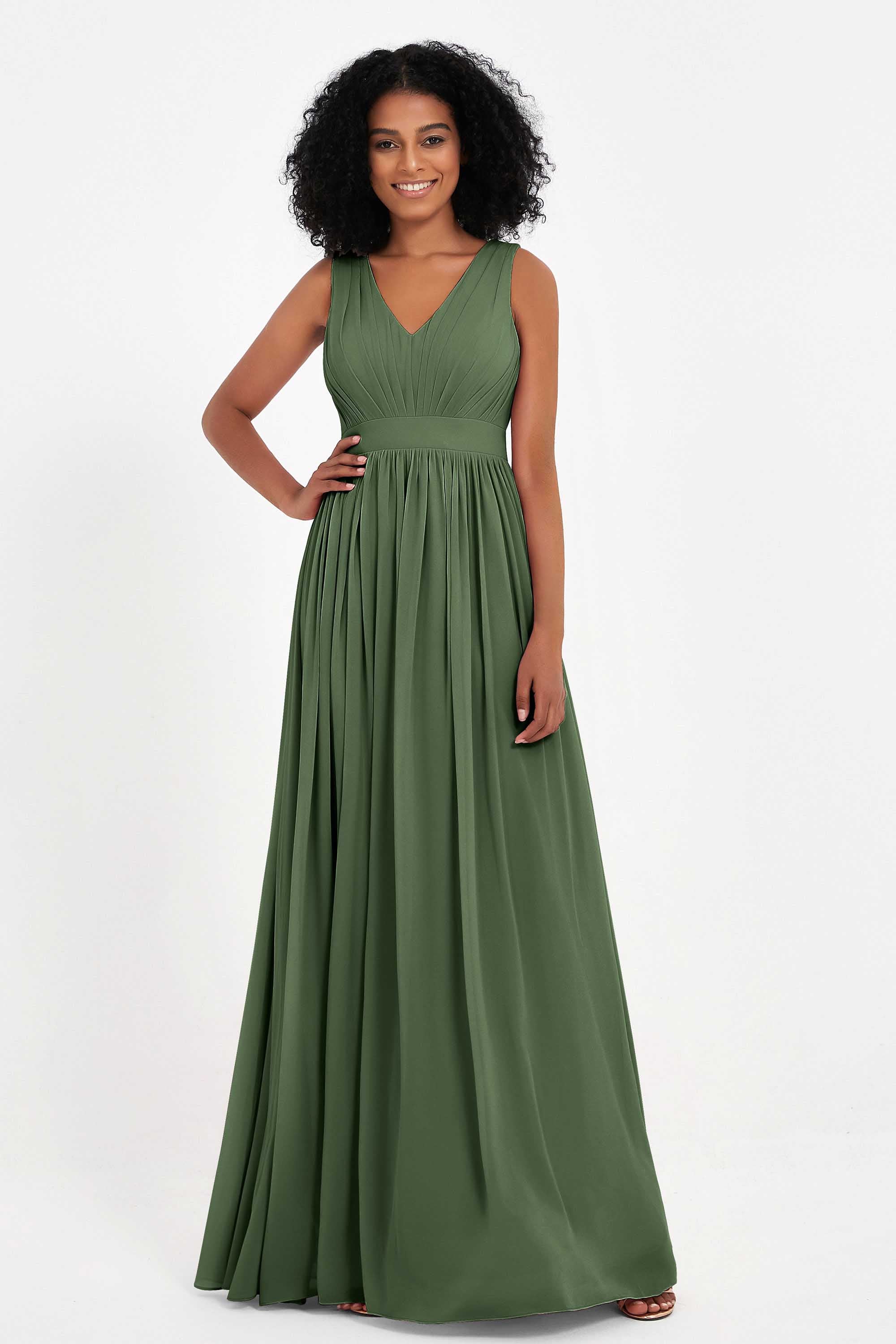 Modest Long Chiffon Bridesmaid Dress Sleeveless Pleated Ruched Formal Evening Dresses Gowns