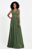Modest Long Chiffon Bridesmaid Dress Sleeveless Pleated Ruched Formal Evening Dresses Gowns