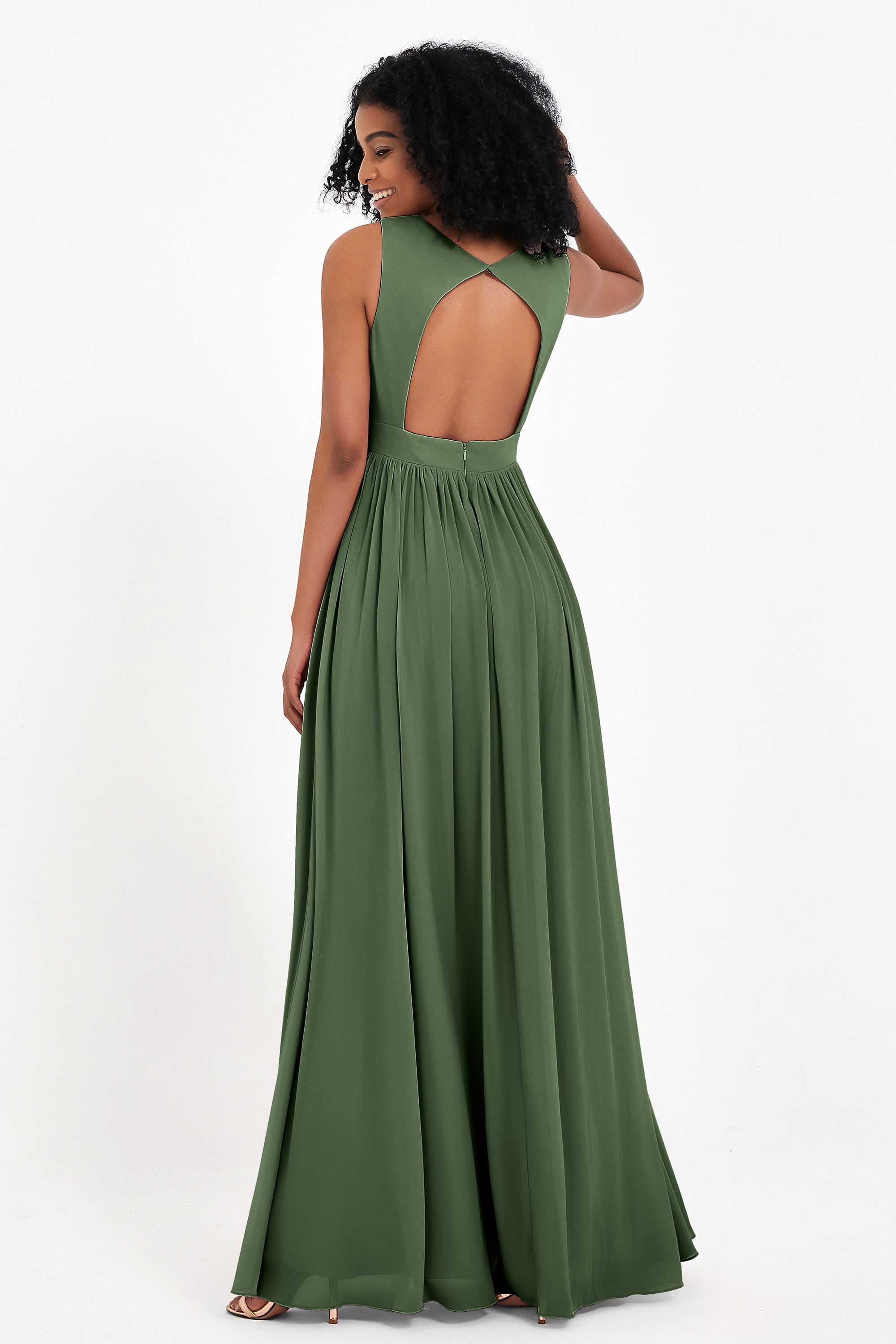 Modest Long Chiffon Bridesmaid Dress Sleeveless Pleated Ruched Formal Evening Dresses Gowns