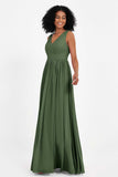 Modest Long Chiffon Bridesmaid Dress Sleeveless Pleated Ruched Formal Evening Dresses Gowns