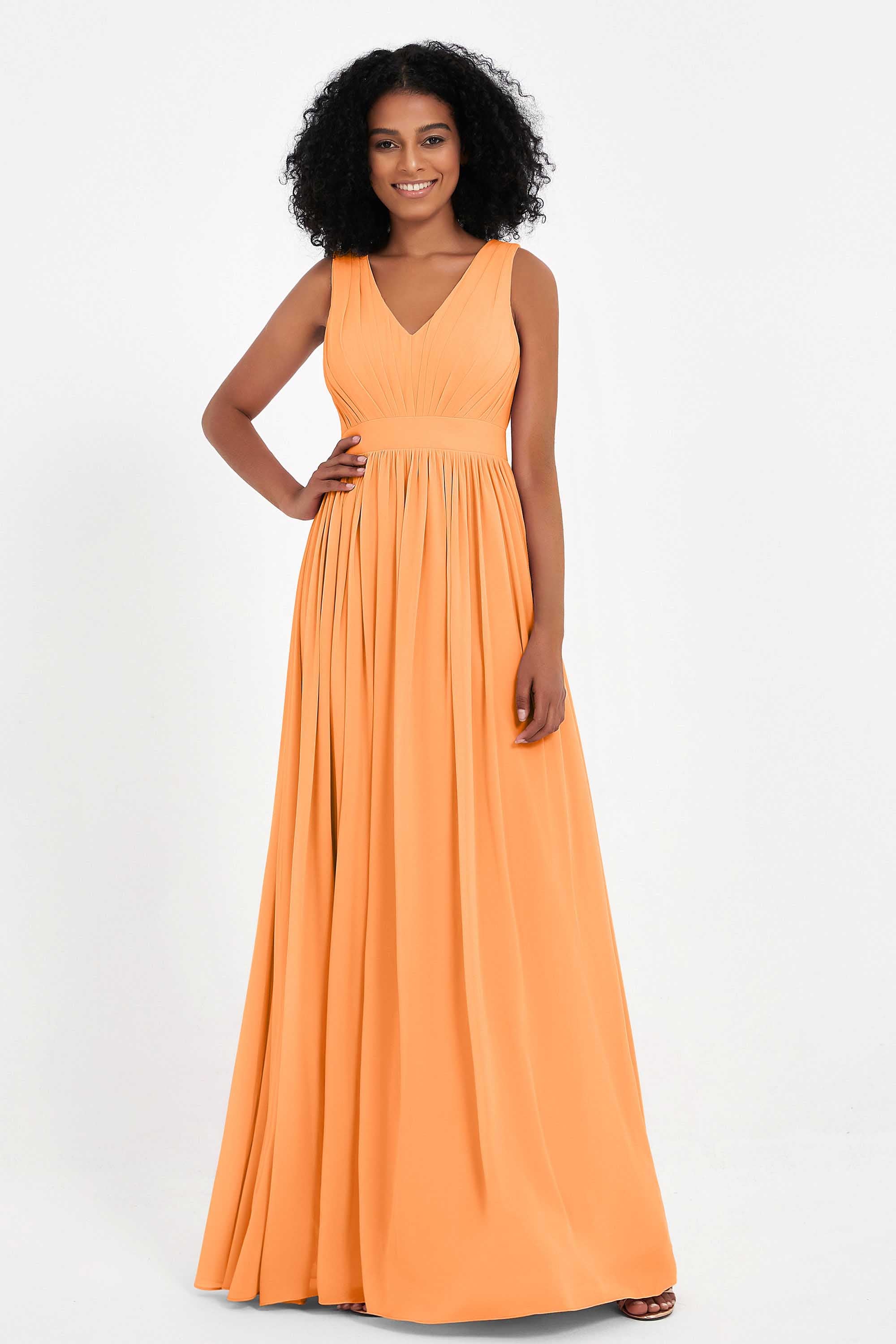 Modest Long Chiffon Bridesmaid Dress Sleeveless Pleated Ruched Formal Evening Dresses Gowns