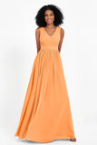 Modest Long Chiffon Bridesmaid Dress Sleeveless Pleated Ruched Formal Evening Dresses Gowns