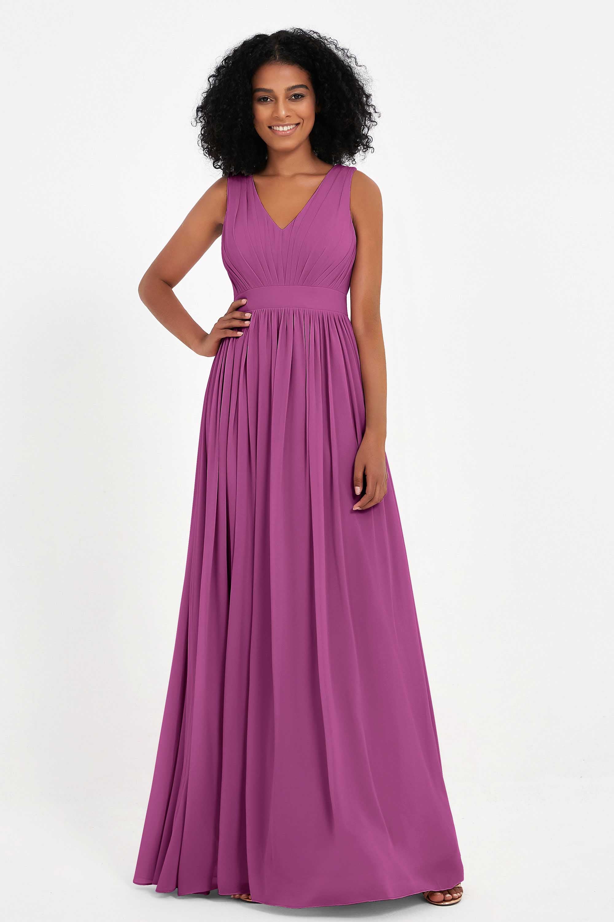 Modest Long Chiffon Bridesmaid Dress Sleeveless Pleated Ruched Formal Evening Dresses Gowns