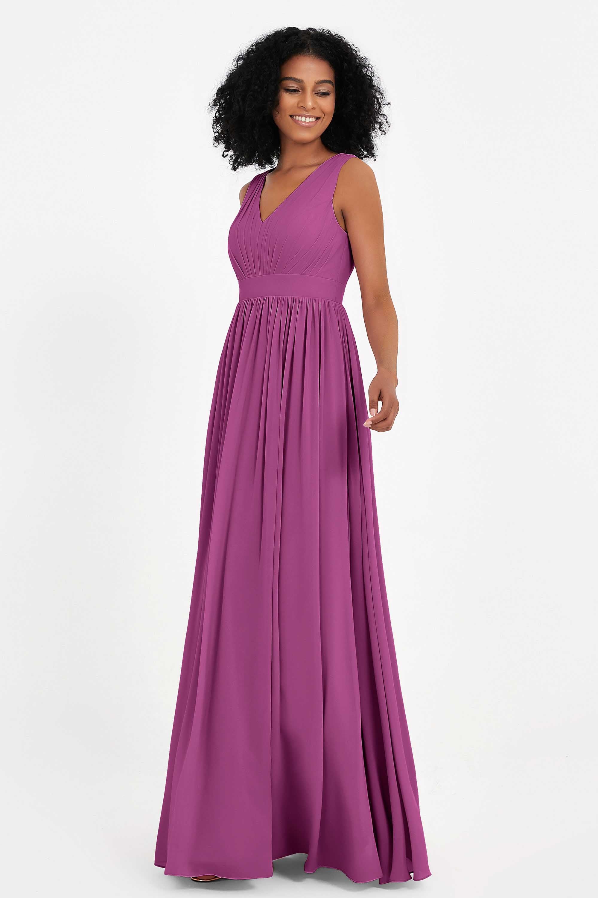 Modest Long Chiffon Bridesmaid Dress Sleeveless Pleated Ruched Formal Evening Dresses Gowns