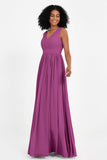 Modest Long Chiffon Bridesmaid Dress Sleeveless Pleated Ruched Formal Evening Dresses Gowns