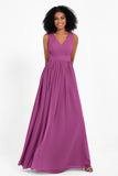 Modest Long Chiffon Bridesmaid Dress Sleeveless Pleated Ruched Formal Evening Dresses Gowns