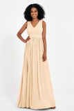 Modest Long Chiffon Bridesmaid Dress Sleeveless Pleated Ruched Formal Evening Dresses Gowns