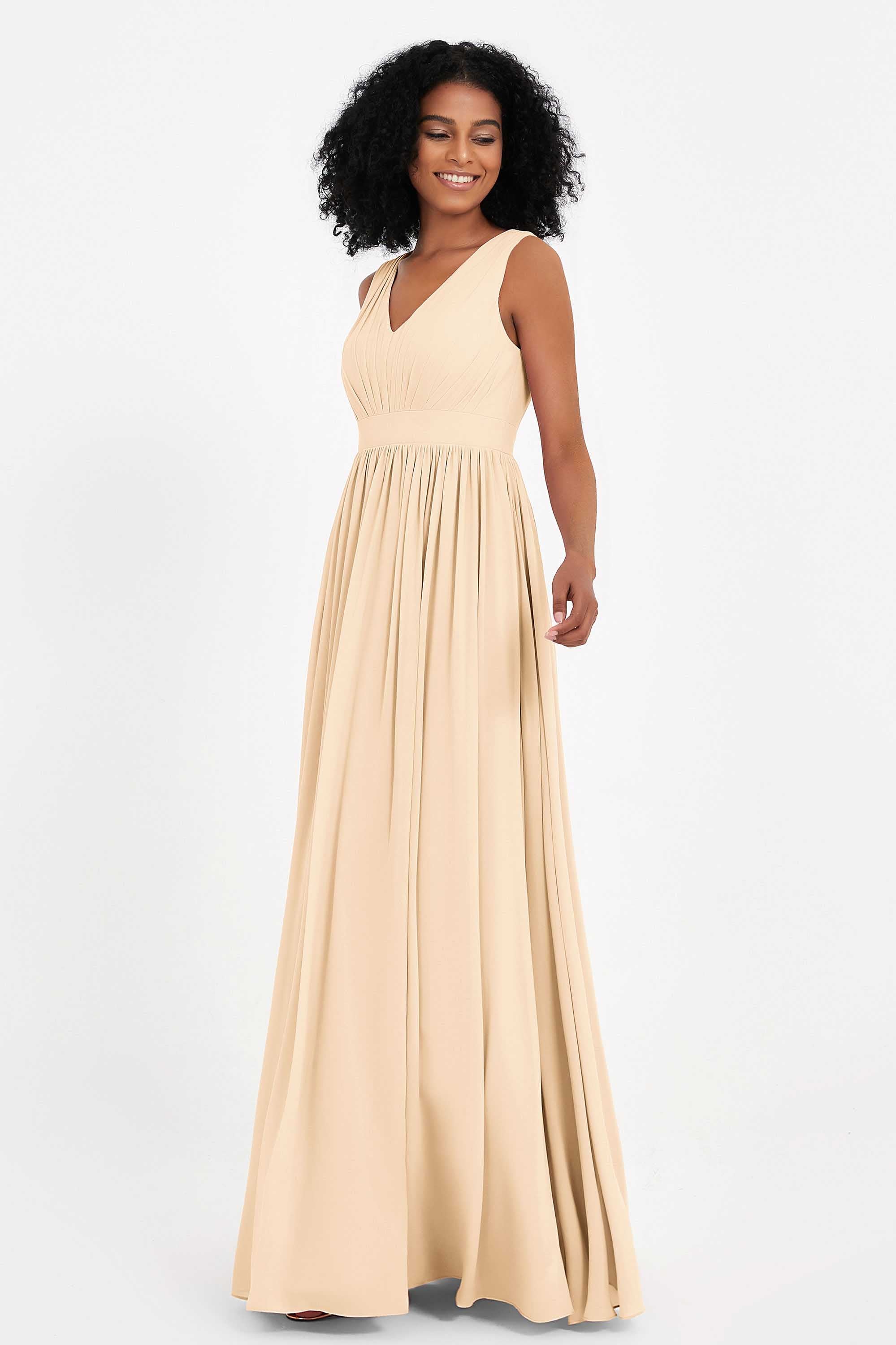 Modest Long Chiffon Bridesmaid Dress Sleeveless Pleated Ruched Formal Evening Dresses Gowns