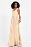 Modest Long Chiffon Bridesmaid Dress Sleeveless Pleated Ruched Formal Evening Dresses Gowns
