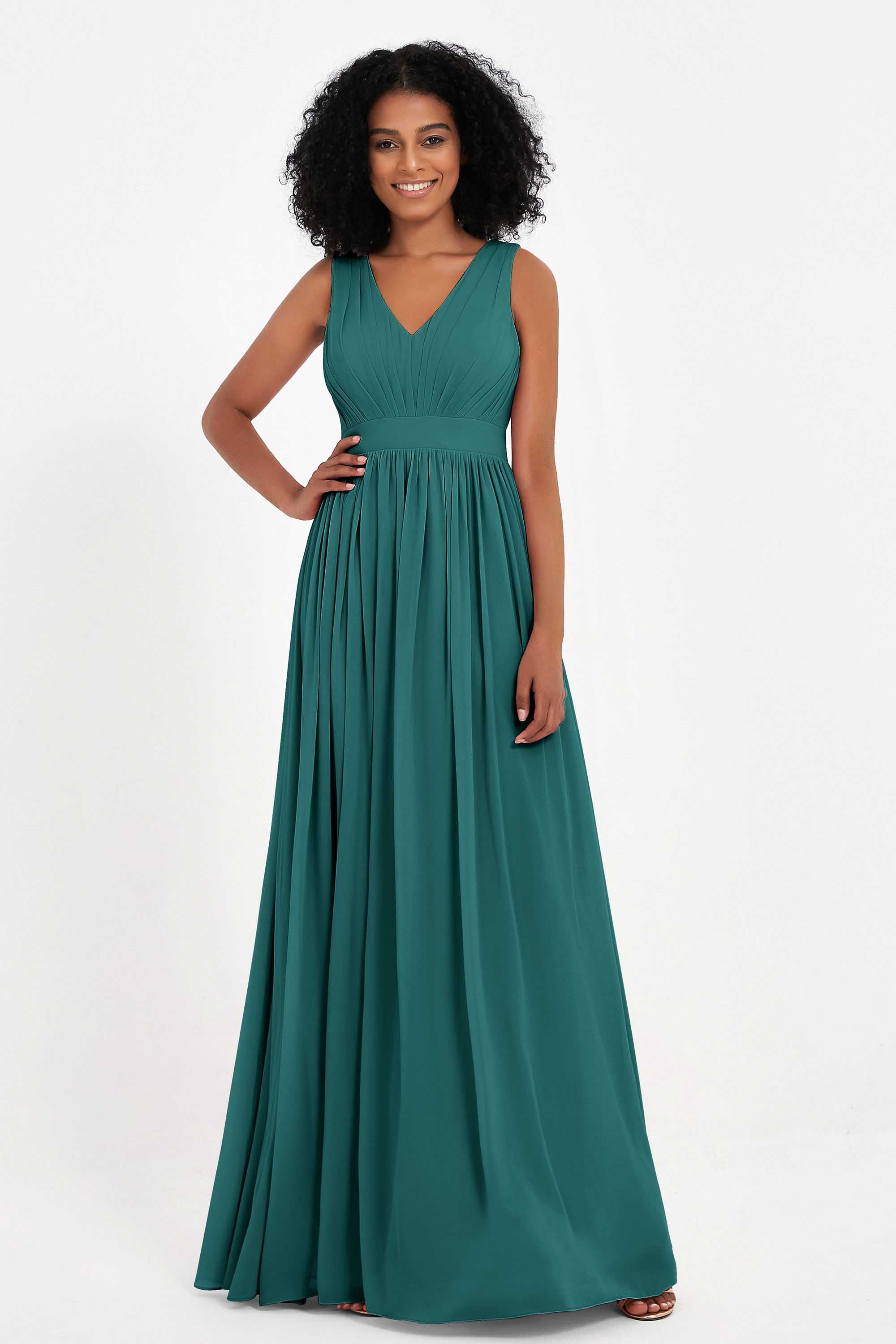 Modest Long Chiffon Bridesmaid Dress Sleeveless Pleated Ruched Formal Evening Dresses Gowns