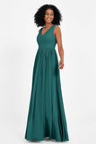Modest Long Chiffon Bridesmaid Dress Sleeveless Pleated Ruched Formal Evening Dresses Gowns
