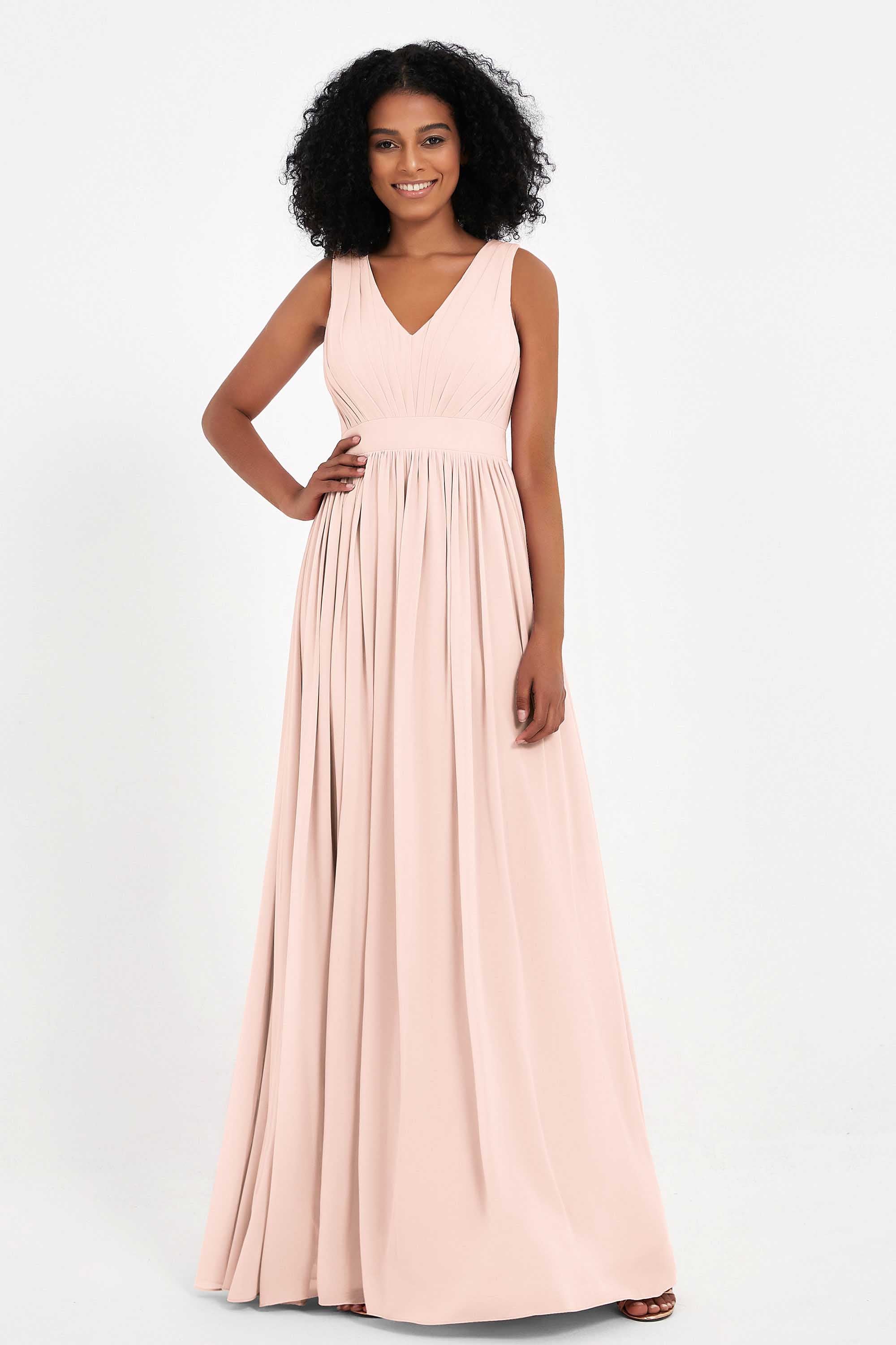 Modest Long Chiffon Bridesmaid Dress Sleeveless Pleated Ruched Formal Evening Dresses Gowns